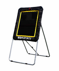 A black and yellow portable sports equipment stand, ideal for organizing gear at events or practices.