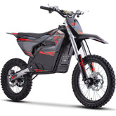 A modern electric dirt bike positioned on a white background, showcasing its innovative design and vibrant colors.