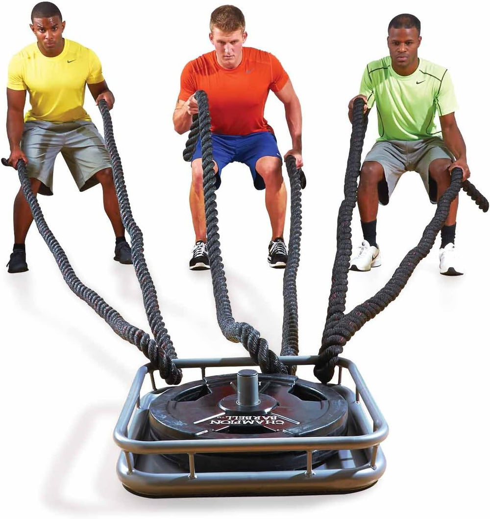 Three men perform pull-ups using a rope, showcasing strength and teamwork in a fitness setting.