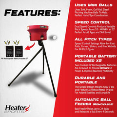 Heater Crusher Pitching Machine W/ 8-Hour Rechargeable Battery ?Accurate & Portable, Delivers Fastballs & Curveballs | Adjustable, High Performance, Portable, Ideal for Baseball & Softball Training