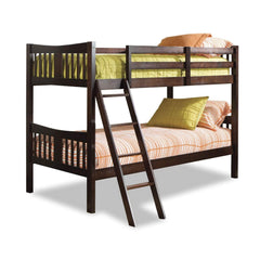 A bunk bed with two ladders and a colorful green and orange pillow resting on the upper mattress.