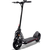 An electric scooter with a stylish black frame and bold red wheels, designed for efficient and eco-friendly travel.
