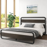 A stylish modern bed with a metal frame complemented by a warm wooden headboard.