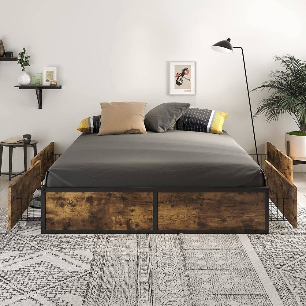 A wooden bed with built-in storage drawers underneath, ideal for maximizing space and keeping items organized.