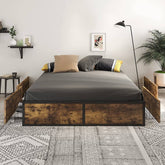 A wooden bed with built-in storage drawers underneath, ideal for maximizing space and keeping items organized.