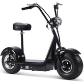 An electric scooter equipped with a black seat and black wheels, perfect for navigating city streets.