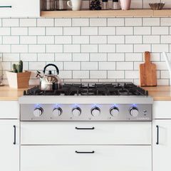 COS-GRT366 Slide-In Counter Gas-Cooktop 36 inch | 6 Italian-Made Burner Range-Top, Dual Ring Stove, Dishwasher-Safe Cast Iron Grate, Metal Front Knob Control Panel, 36 inch, Stainless Steel