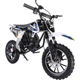 A white and black dirt bike positioned on a plain white background.
