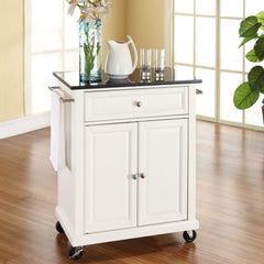 Fast Furnishings White Kitchen Cart with Granite Top & Locking Casters
