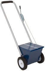 A blue lawn mower on wheels featuring a sturdy handle for efficient grass cutting and lawn care.