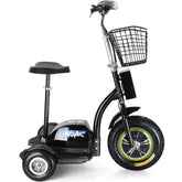 A black electric scooter featuring a basket attached to the back for carrying items.