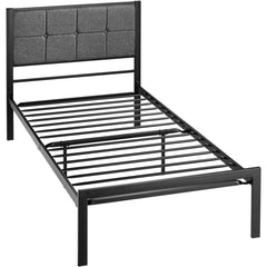 Twin Metal Bed Frame w/ Gray Upholstered Headboard