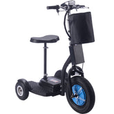 A black electric scooter featuring a basket attached to the back for carrying items.