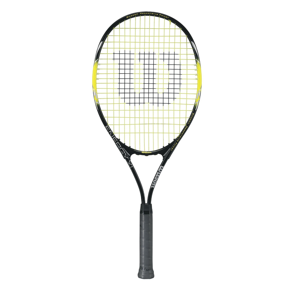 A Wilson Tour Pro tennis racket showcasing a modern design, primarily black with red accents, ideal for competitive play.