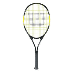 A Wilson Tour Pro tennis racket showcasing a modern design, primarily black with red accents, ideal for competitive play.