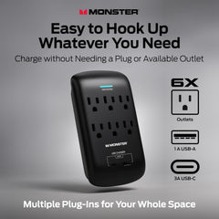 Monster 6-Outlet Surge Protector w/ USB-A & USB-C, 1200J, Black
