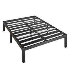 A sturdy metal bed frame featuring a sleek black finish, designed for modern bedroom aesthetics.