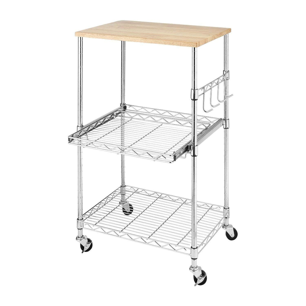 Chrome metal cart with shelves and wheels, designed for mobility and storage in various settings.