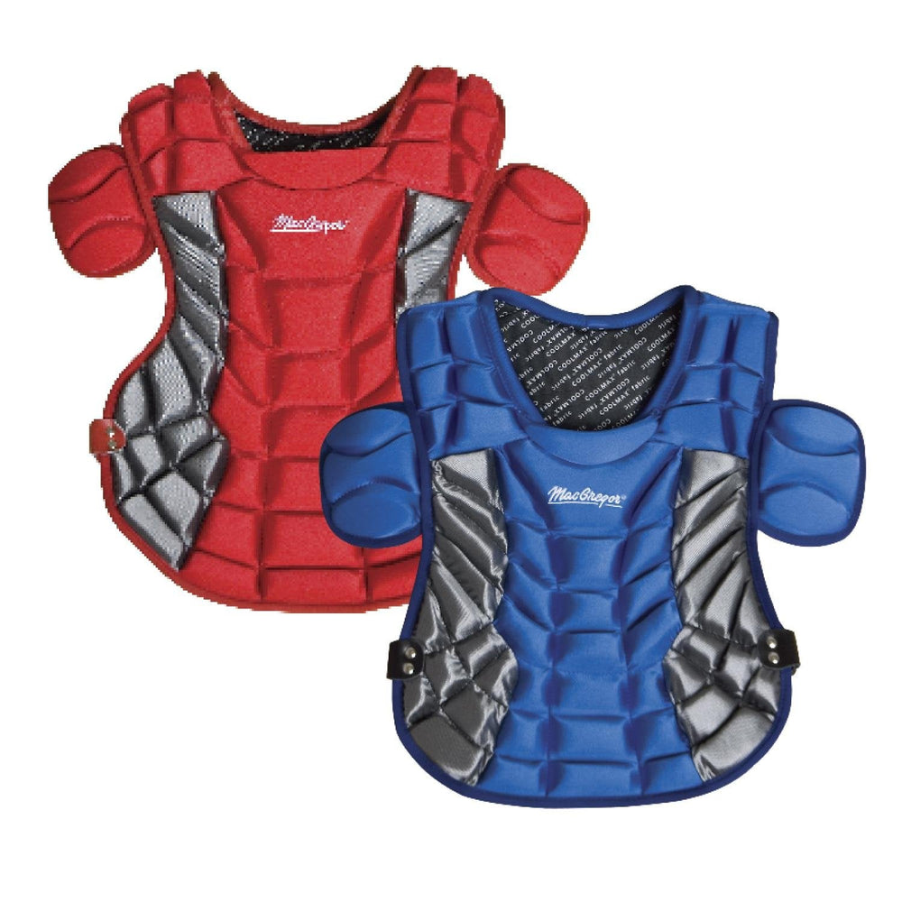 A pair of baseball chest protectors, both labeled with the word baseball across the front.
