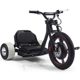 A black and white trike with a distinctive front wheel, highlighting its vintage style and functional design.