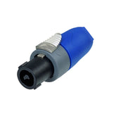 A blue and black connector featuring a metal end, designed for secure electrical connections.