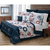 Bedding set adorned with various anchor designs, perfect for a maritime-inspired bedroom.