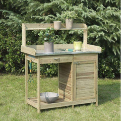 Fast Furnishings Natural Fir Wood Potting Bench w/ Galvanized Steel Top
