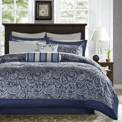 California King 12-Pc Navy White Comforter Set