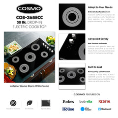 COS-365ECC Electric Ceramic Glass Cooktop with 4 Burners, Dual Zone Element, Hot Surface Indicator Light and Control Knobs, 36 inches, Black