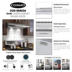 COS-5MU36 36 in. Delta Collection Ducted Under Cabinet Range Hood, Button Controls, Reusable Filters, LED Lights, Stainless Steel