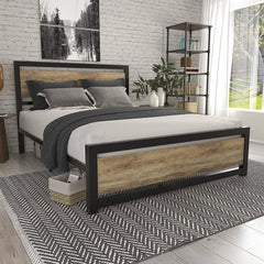 Queen Metal Bed w/ Brown Wood Headboard & Footboard