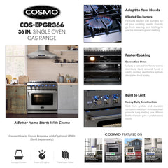 COS-EPGR366 36 in. Haven Collection 6.0 cu. ft. Gas Range, 6 Burners, Convection Oven, Knob LEDs, Storage Drawer, Stainless Steel
