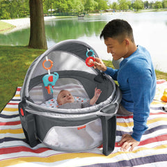 Portable Bassinet On-The-Go Baby Dome, Travel Play Space with Developmental Newborn Toys & Canopy, Arrows Away