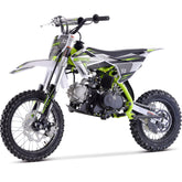 A dirt bike isolated on a white background, showcasing its design and features.