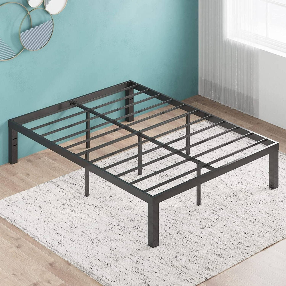 A sleek metal bed frame complemented by a wooden headboard, showcasing a modern design.