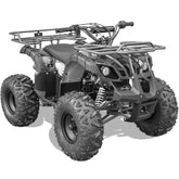 Black and white image of a four-wheeler ATV parked on a rugged terrain.