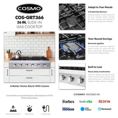 COS-GRT366 Slide-In Counter Gas-Cooktop 36 inch | 6 Italian-Made Burner Range-Top, Dual Ring Stove, Dishwasher-Safe Cast Iron Grate, Metal Front Knob Control Panel, 36 inch, Stainless Steel