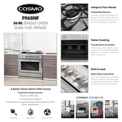 F965NF 36 in. Stellar Collection 3.8 cu. ft. Dual Fuel Range, 5 Sealed Burners, 8 Function Convection Oven in Stainless Steel