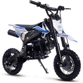 A compact dirt bike displayed against a white background, highlighting its structure and color.