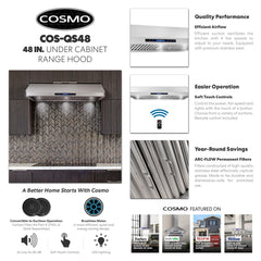 COS-QS48 48 in. Haven Collection 500 CFM Ducted Under Cabinet Range Hood, Touch Controls, LED Lights, Stainless Steel