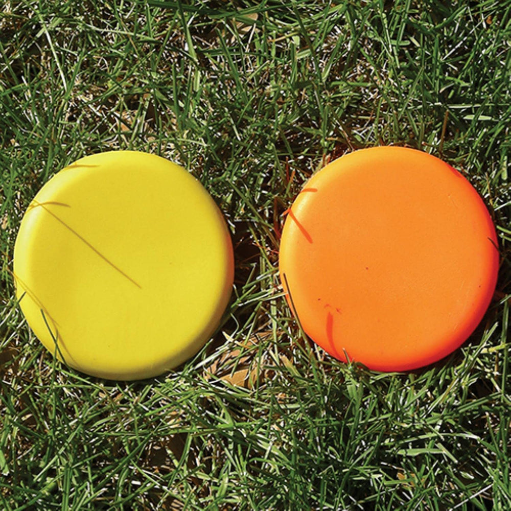 Two colorful frisbees resting on a patch of green grass under bright sunlight.