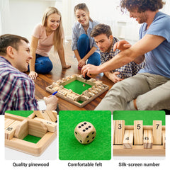 Wooden Shut The Box Game (2-4 Players) - Large 4 Sided Board, 8 Dice, Rules - Amusing Addition Game for Kids & Adults, 12 Inch