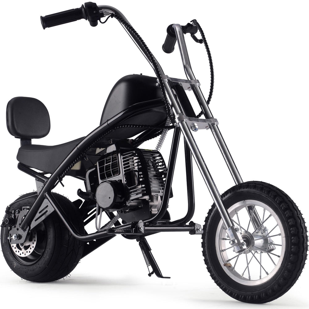 A compact motorcycle with a sleek black seat and black wheels, showcasing a modern design.