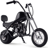 A compact motorcycle with a sleek black seat and black wheels, showcasing a modern design.