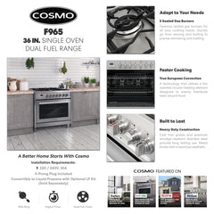 F965 36 in. Stellar Collection 3.8 cu. ft. Dual Fuel Range, 5 Sealed Burners, 8 Function Convection Oven in Stainless Steel