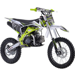 A dirt bike displayed prominently against a clean white background.
