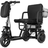 A sleek black electric scooter equipped with a rear basket for storage.