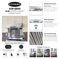COS-QS90 36 in. Haven Collection 500 CFM Ducted Under Cabinet Range Hood, Touch Controls, LED Lights, Stainless Steel