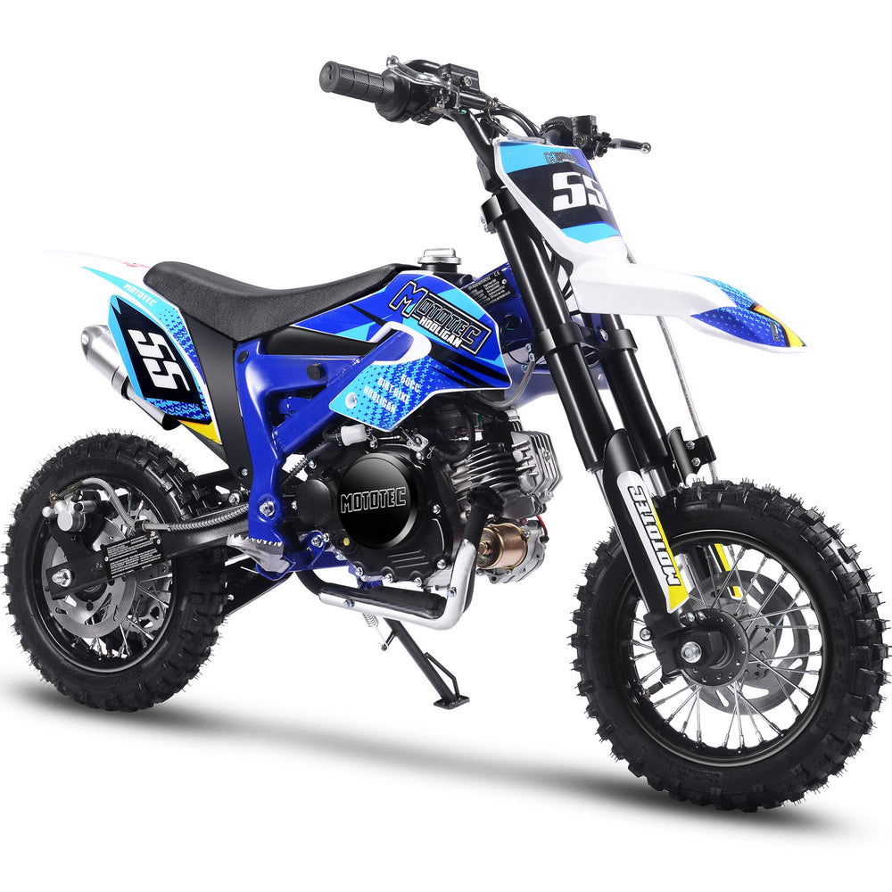 A blue and white dirt bike displayed against a white background, highlighting its features and vibrant color scheme.