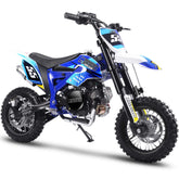 A blue and white dirt bike displayed against a white background, highlighting its features and vibrant color scheme.